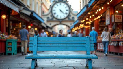 Charming Blue Bench Beneath a Grand Clock in a Vibrant Open-Air Market Setting