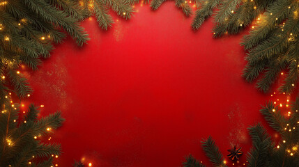 Wall Mural - red christmas background with golden lights and green pine branches frame on canvas texture, ideal f