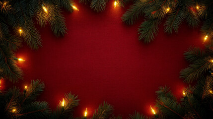 Wall Mural - red christmas background with golden lights and green pine branches frame on canvas texture, ideal f