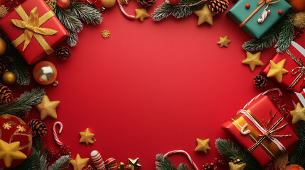 Wall Mural - christmas and happy holidays greeting card background with copyspace in the middle. christmas gifts 