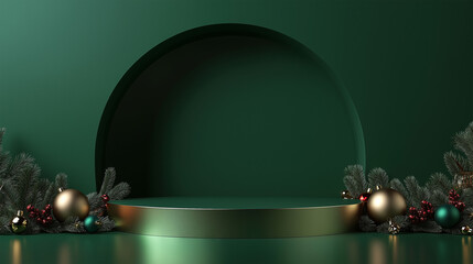 A gold podium with Christmas decorations on a green background