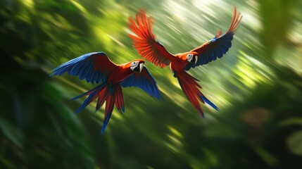 Two Scarlet Macaws, red and blue, flying low over the tropical rainforest in Costa Rica. -