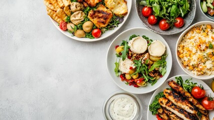 Delicious Dinner Spread with Grilled Chicken, Fresh Salads, and Assorted Vegetables on a Light Background