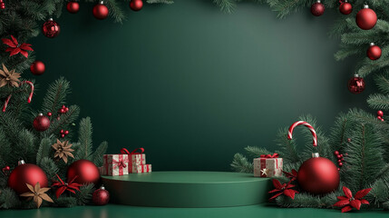 Wall Mural - festive green and red product placement podium with christmas decorations on dark green background