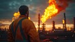 © peppastocker - Male employee in overalls stands looking at gas industry, gas flares, work engineers day celebration, gas industry day.