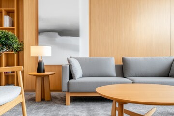 Modern minimalist living room design with soft gray sofa and light wooden accents for contemporary interiors