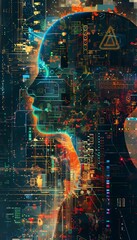 Wall Mural - human silhouette with luminous ai sign in an abstract tech environment symbolizing ai and ml