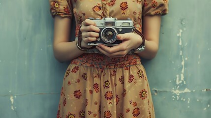 Sticker - A woman in a floral dress holds a vintage camera in front of a blue wall.