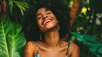 Sticker - A young Black woman with curly hair smiles brightly against a backdrop of green leaves.