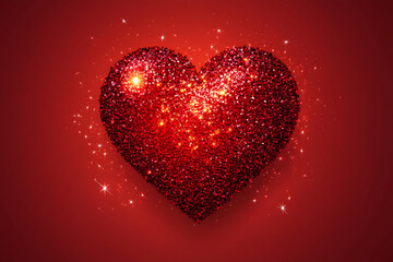 A sparkling red heart made of glitter on a vibrant red background, symbolizing love and affection.