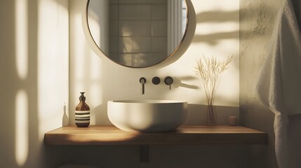 70. A minimal bathroom featuring a round mirror, a modern sink, and a wooden shelf, using a vintage lens to add a textured, nostalgic effect