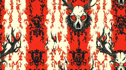 Canvas Print - Red and black pattern with a skull and antlers in the center.