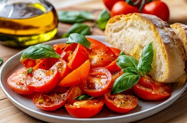 Delicious tomato salad with fresh basil and olive oil on a rustic wooden table perfect for summer meals