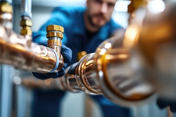 Poster - Plumber working on water pipes, installing central heating system