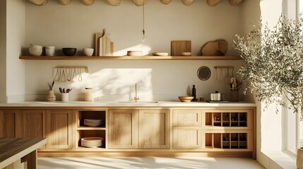 13. A bright kitchen with open shelving, wooden cabinets, and minimal decor, photographed using a vintage camera to add a soft, grainy texture