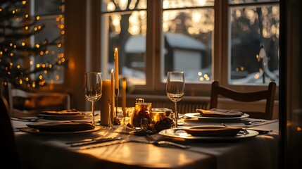 candlelit dinner table set for two by a window with a view