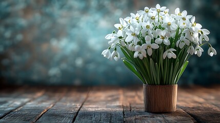 Canvas Print - White snowdrop flowers in a wooden pot on a rustic wooden table.