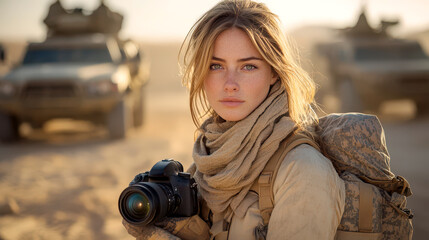 Female war photographer in desert conflict zone with military vehicles