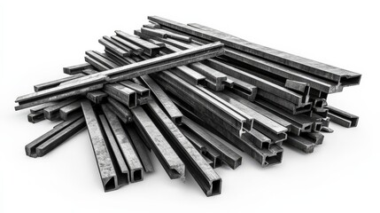 Steel Channel Grooved Metal Rolled Profile Product Pile Heap Isolated on White Background