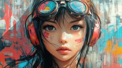 Wall Mural - Beautiful anime girl, graffiti Artist. Generative AI