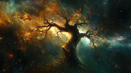 a mystical tree with branches extending into the cosmos connecting different realms