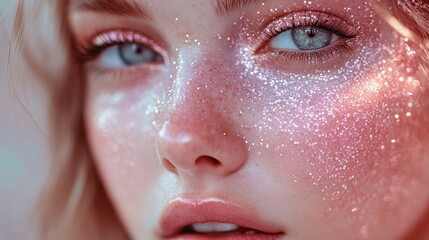 Close-up portrait of a young beautiful girl, light pink shade of color with a mask for a clean beautiful face made of glitter and shine.