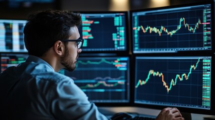 broker looking at market trends on graphs via computer, studying detailed charts to predict stock pr
