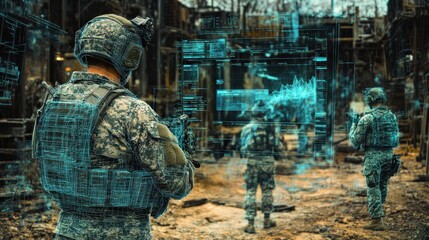 Wall Mural - intelligence officers scanning enemy territory, using augmented reality tools to gather and analyze 