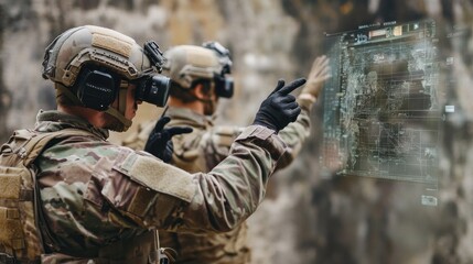 Wall Mural - intelligence officers scanning enemy territory, using augmented reality tools to gather and analyze 