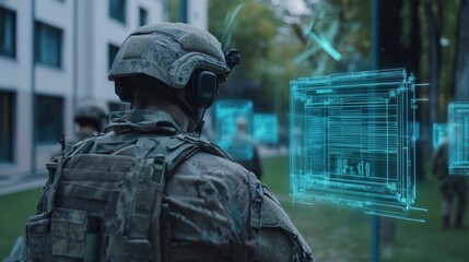 Wall Mural - intelligence officers scanning enemy territory, using augmented reality tools to gather and analyze 