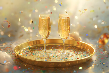 a realistic depiction of champagne glasses on a golden tray, surrounded by confetti and new year’s d