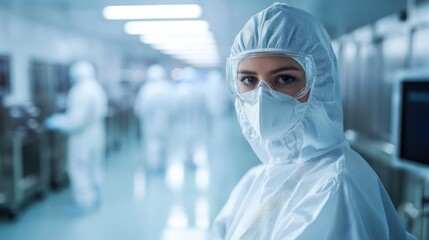 Operators in semiconductor cleanroom environments wear full protective equipment to control cleanliness and contamination. Clean rooms are essential for producing high quality semiconductor components