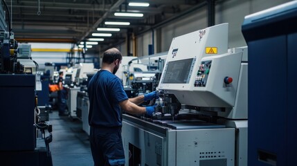 Workers and engineers setting up CNC machinery on production line, collaborating to ensure machines are properly calibrated and ready for optimal performance in the manufacturing process