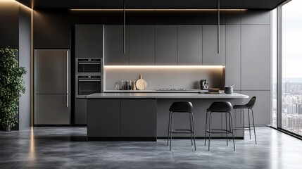 Gorgeous Modern Grey Kitchen with Stainless Steel Appliances in a Luxurious Apartment