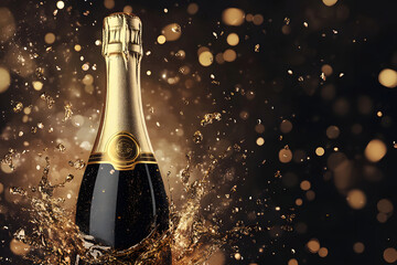 A realistic champagne bottle with gold foil, popping and spilling bubbly liquid in celebration