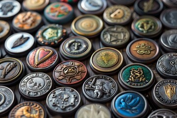 Variety of colorful fantasy role playing game tokens are laying on a table, with symbols, writing, and art