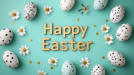 Gold Happy Easter text framed by speckled eggs and fresh flowers, like lilies and daisies, on a soft mint green background 