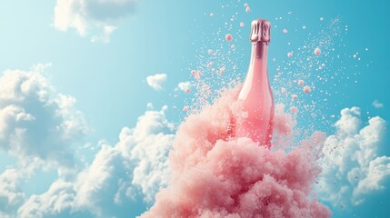 A pastel champagne party in the blue sky with clouds. A pastel liquor bottle with a pink drink exploding out of it. Illustration. Generative AI.