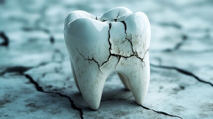 Wall Mural - Closeup of cracked tooth fine fractures running through surface highlighting the concept of tooth damage and oral health issues set against a minimalist background to emphasize dental care awareness