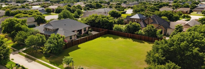 Large Fence. Aerial View of Dallas Suburban Neighborhood with Spacious Backyard and Detached Houses