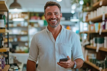 Business Owner Talking. Smiling Caucasian Male Business Owner on Phone in Shop