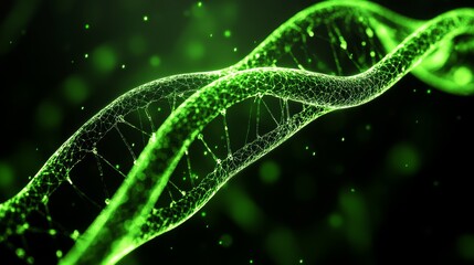 Green DNA strand, glowing texture, molecular structure, black background