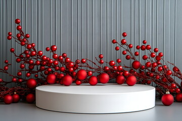 A product display podium empty with red Christmas decorations, design layout with space, shopping and sales