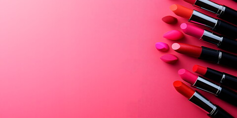 A vibrant cosmetics banner with lipsticks scattered over a pink background, design layout, shopping and sales