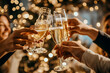 © kashiStock - A group of friends toasting with champagne glasses, dressed in formal attire, with a festive background of glittering lights