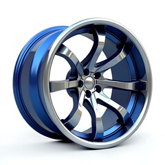 A sleek silver and blue mag wheel isolated on white background