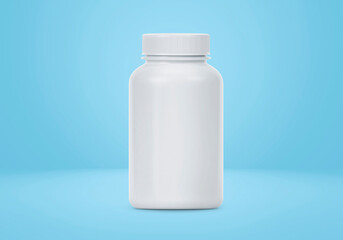 Blank plastic pill bottle on a light blue background