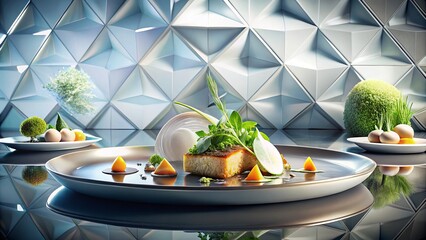 Wall Mural - Futuristic Food Photography with Geometric Background, Textured 3D Wall, Light Pastel Tones, Culinary Art, Modern Table Setting, Stylish Presentation, Gourmet Dishes