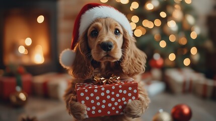 A cute puppy wearing a Santa hat holds a red and white polka-dotted Christmas present in its paws.