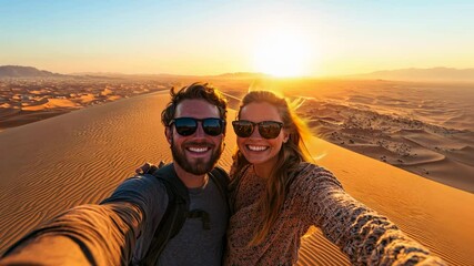 Wall Mural - Happy couple smiling on camera on top of a giant desert sand dune at sunset - Travel, holiday and tourism concept - Models by AI generative 